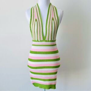 Green and Pink Striped Crochet Halter Dress 💗